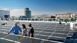 Harvey Bryan, left, sustainability professor, takes his renewable energy systems students on a field trip to the rooftop of COOR Hall at ASU's Tempe campus.
