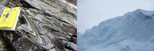 Scientists on the trip were amazed by the similarities found between a metamorphic rock (left) and a metamorphic iceberg (right). Picture by Mindy Kimball.