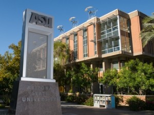 ASU sign with Wrigley Hall in the background