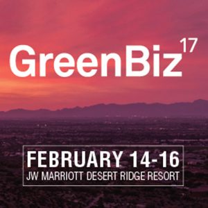 Desert background image with GreenBiz conference dates: February 14-16 at JW Marriott Desert Ridge Resort