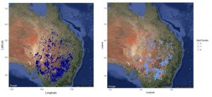 Preliminary maps of maching bands of nymphs (left) and adult swarms (right) of the Australian plague locust, derived from historical data