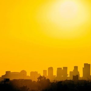 Downtown Phoenix skyline with yellow sky