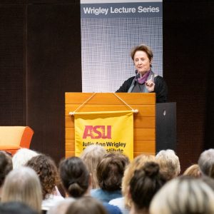 Alice Waters speaking at podium during Wrigley Lecture