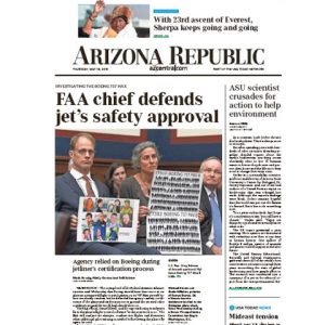 View of AZ Republic front page showing named article