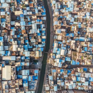 Top down Aerial view of slum neighborhood