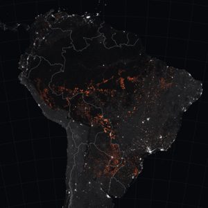 Satellite view of Amazon fires at night