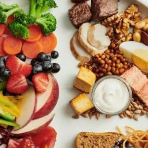 Assorted vegetables, fruits, meats, and grains