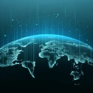 futuristic map of earth with technological lines coming up from continents