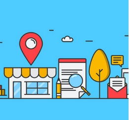graphic with icons such as store, paper and magnifying glass, tree, letter
