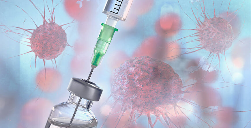 A syringe inserted into vial of vaccine superimposed over images of viruses.