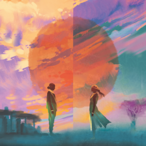 Colorful illustration featuring two people facing each other under the sun
