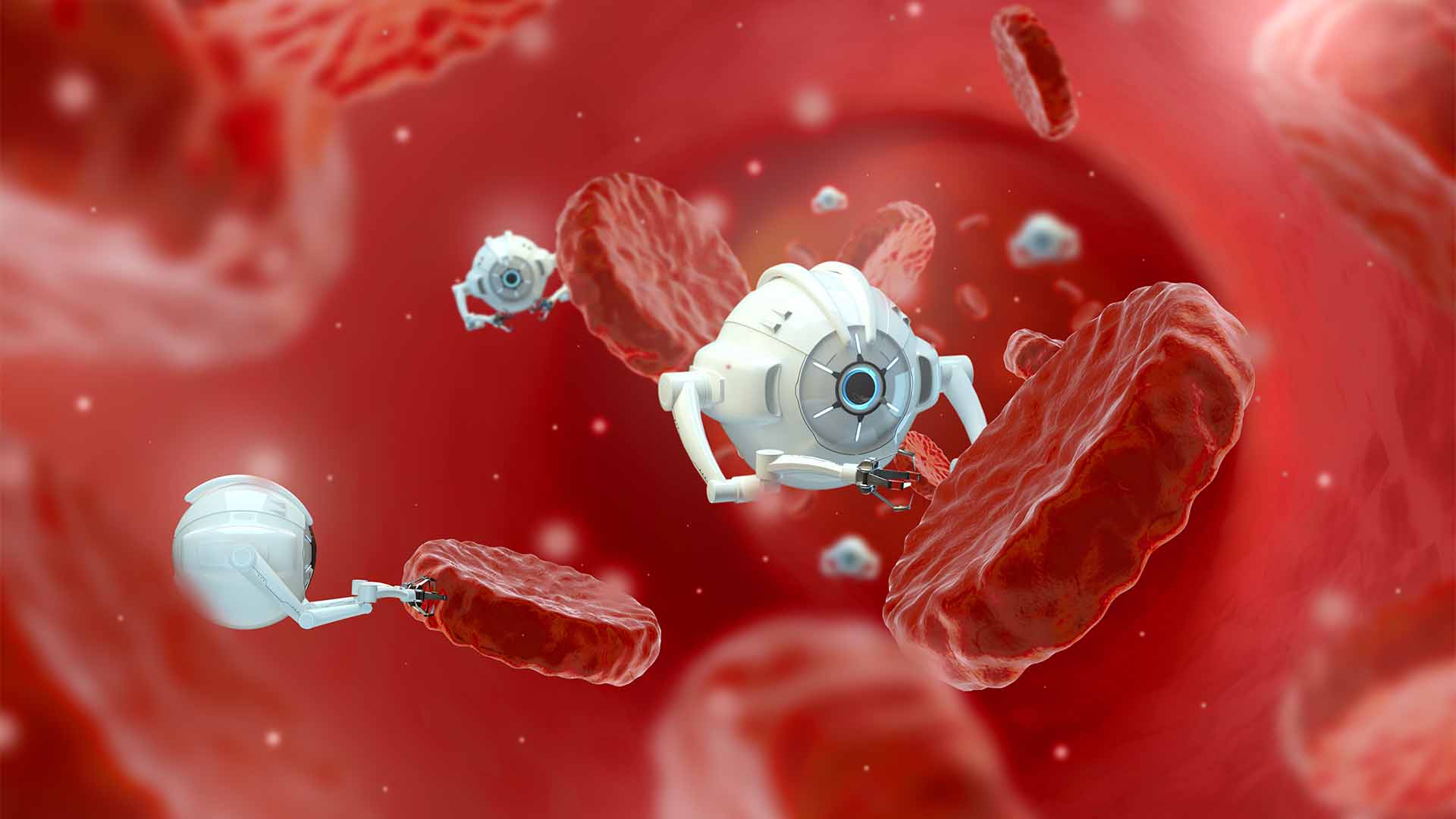 illustration of tiny robots grabbing red blood cells