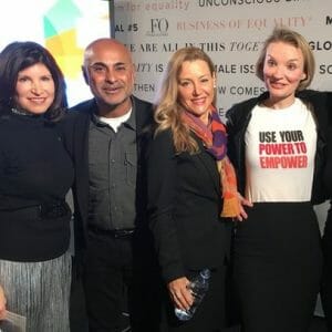 Ellis (third from left) poses with the other panel speakers Márcia Balisciano, head of sustainability at RELX Group and board member of the Ban Ki-Moon Centre for Global Citizens; Sanjeev Khagram, dean of Thunderbird School of Global Management; and Alyse Nelson, president and CEO of Vital Voices Global Partnership.