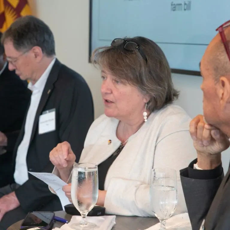 Kathleen Merrigan seated at table talking with others.