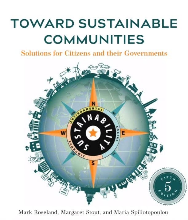 A book cover with title, authors, and an image of a globe with a compass in the middle. The compass includes the word Sustainability at its center, surrounded by three words: Environmental, Economic, Social.