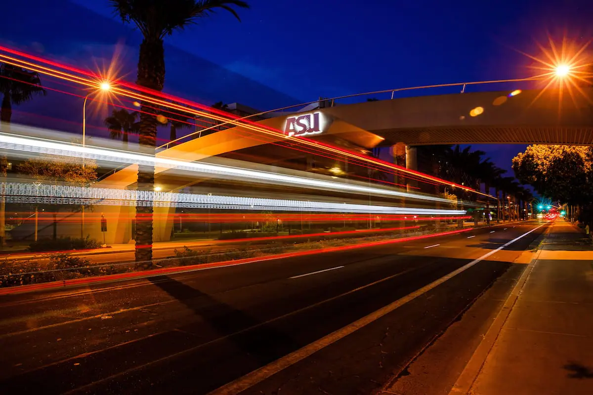 A bridge on the ASU campus at night