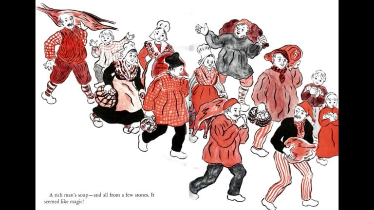 Illustration of cheerful villagers walking together, carrying baskets of food and wearing old-fashioned clothing. The scene is from Stone Soup by Marcia Brown and represents community members each contributing something small to make a shared meal.