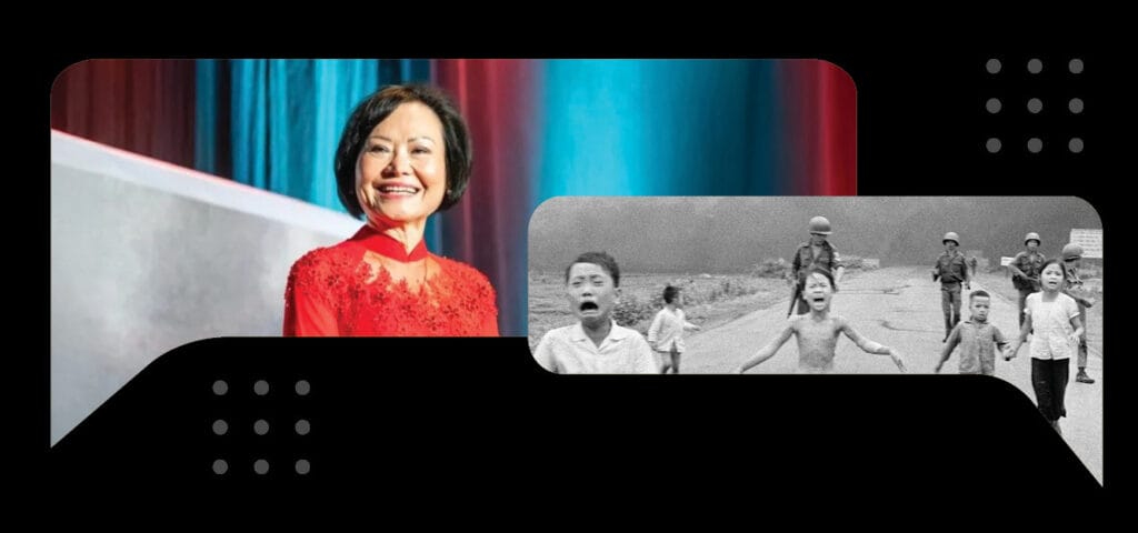 Two photos: a recent color image of a smiling woman in red, and a black and white historical image of children fleeing during the Vietnam War.