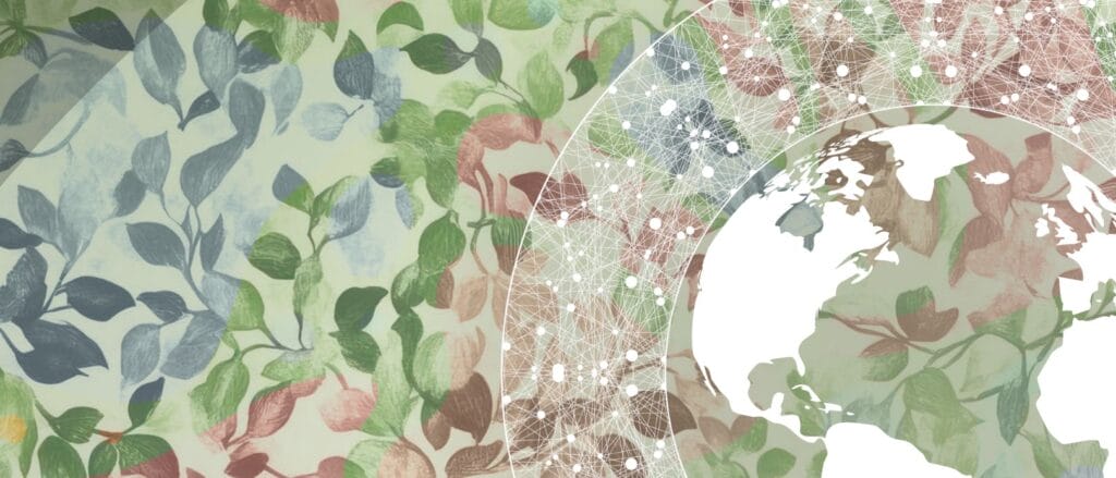 An abstract image with painted leaves and a digital network over a globe in shades of green, rose, blue-gray and white, this is the graphic associated with the Stockholm Resilience Center report mentioned in the article.
