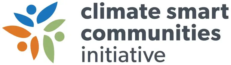 Logo with a blue, green and orange graphic that resembles the heads and arms of three people facing each other, forming a flower shape, and the text: Climate Smart Communities Initiative