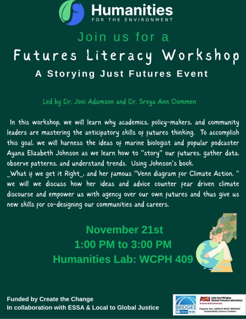 Poster for a "Futures Literacy Workshop" on November 21st, 1:00 PM to 3:00 PM, at Humanities Lab WCPH 409, led by Dr. Joni Adamson and Dr. Sreya Ann Oommen.
