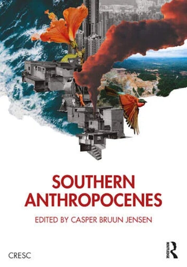 Book cover of "Southern Anthropocenes" featuring a collage of urban buildings, orange flowers, smoke, ocean waves, and a bird.