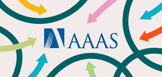 Arrows pointing to blue AAAS text. The arrows are coming from all directions and are different colors.